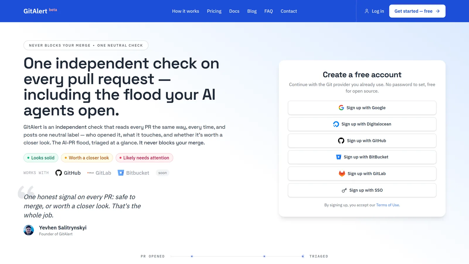 Screenshot of the gitalert.com homepage: the headline 'One independent check on every pull request, including the flood your AI agents open', the three labels it posts, and a panel to create a free account with a Git provider.