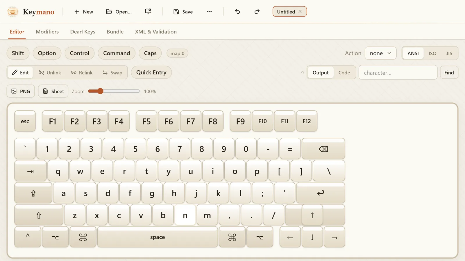 Screenshot of the Keymano editor: modifier and edit toolbars, layout and search controls above a full clickable keyboard for a US layout.